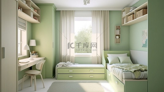 男孩衣柜背景图片_现代风格的儿童房，配有一张床和浅绿色的衣柜，以 3D 渲染，适合狭窄的空间