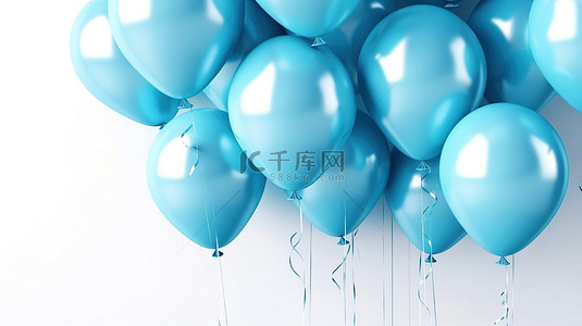 白墙背景与蓝色气球簇 3D 渲染水平横幅