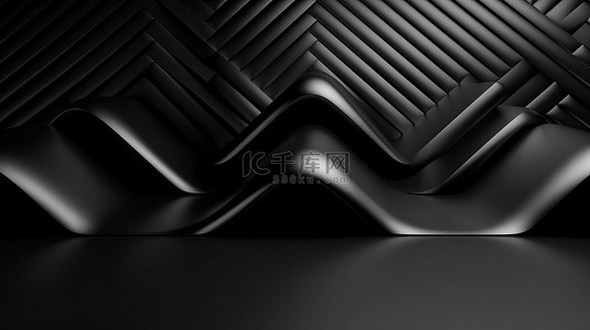 光滑的几何图案墙，具有高低梯度，具有豪华的黑色饰面 3D 渲染