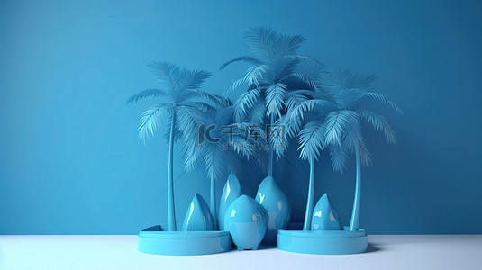 带有 3D 蓝色讲台和复制空间文本的抽象棕榈树圣诞模板