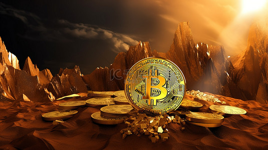 山抽象背景背景图片_揭开虚拟货币挖矿的世界 抽象背景下财富之山中的黄金比特币 3D 插图