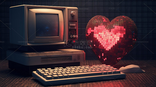 老式计算机背景图片_3D 渲染中的老式计算机和心脏像素