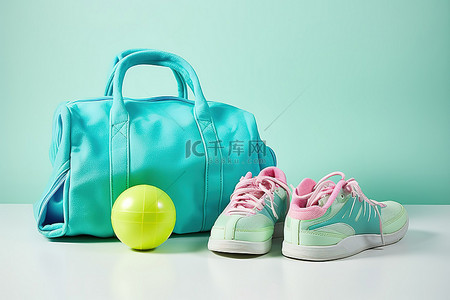 蓝色鞋子背景图片_一个健身包，里面有两个粉色橡胶球蓝色鞋子和一条毛巾
