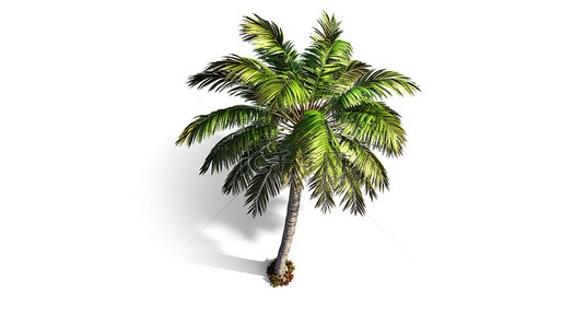 孤立的背景图片_从白色背景的俯视角度对孤立的椰子棕榈树进行 3D 渲染