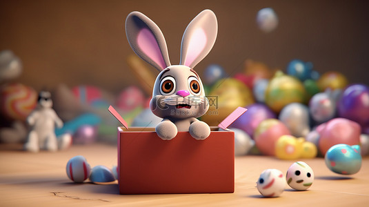 可爱的复活节礼物兔子耳朵和彩蛋在开放的盒子里，周围环绕着精致的背景 3d 插图