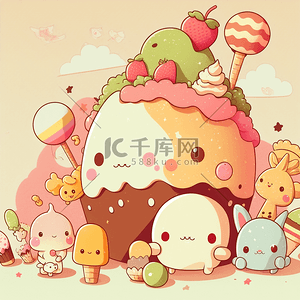 草莓卡通背景图片_糖果草莓巧克力甜品可爱的小动物卡通背景