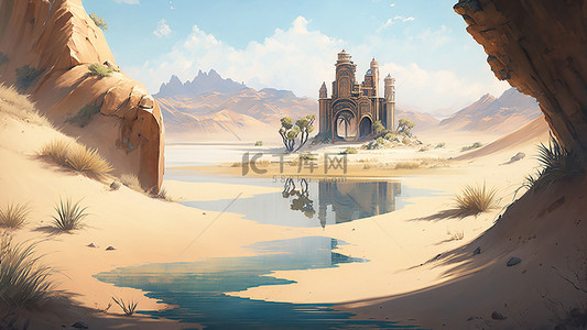 标题装饰可爱背景图片_游戏沙漠水源