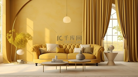 优雅的米色内饰，以充满活力的黄色内饰和华丽的金色边桌 3D 渲染为特色