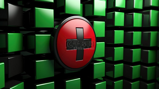 3d 渲染的黑色盾牌，红十字图标中带有绿色复选标记
