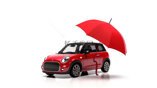 汽车安全与红色雨伞和保险符号隔离在白色背景 3d 渲染