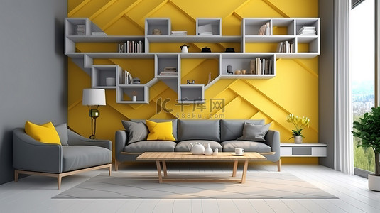 3D 渲染黄色装饰的客厅，配有灰色家具和几何形状