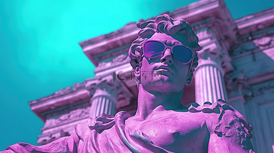 复古波城市流行设计 3D 渲染的希腊神雕塑，带有蒸汽波风格的颜色和太阳镜