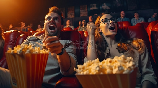 一对热情的情侣戴着 3D 眼镜，一边吃着爆米花，一边在沙发上看电影