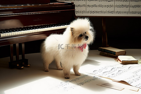 一只狗在钢琴旁边行走并演奏音乐