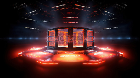 格斗设定背景图片_格斗锦标赛竞技场中点燃的 MMA 八角形底部视图 3D 渲染