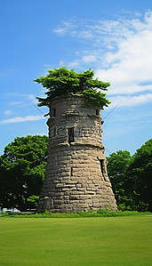 草丛中一座古老的石塔供公众观赏