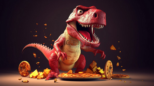 霸王龙享受披萨的搞笑 3D 插图