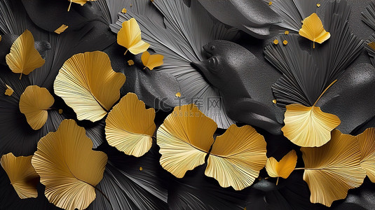 金色的花背景图片_金色黑色山脉，框架为 3D 羽毛和银杏叶帆布墙艺术
