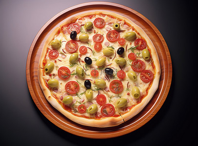 披萨背景图片_盘子上的披萨，配橄榄和西红柿