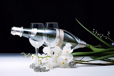 白花花的雪背景图片_两根链条和玻璃瓶香槟放在一朵白花旁边