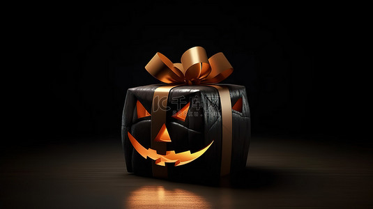 阴森恐怖的惊喜 3D 渲染万圣节南瓜，在黑色背景下光滑的黑色礼品盒中