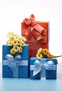 母亲节背景图片_包含三个包裹和两朵花的礼品套装
