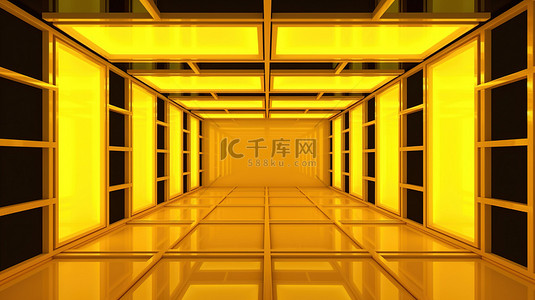 游戏展背景图片_充满活力的盒装房间，具有对称的黄色和灰色墙壁，由大胆的霓虹灯线照亮，丰富的黄色色调 3d 渲染