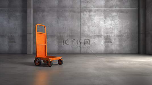 纸箱设计背景图片_仓库中一辆手推车的 3D 渲染，其混凝土墙采用橙色设计