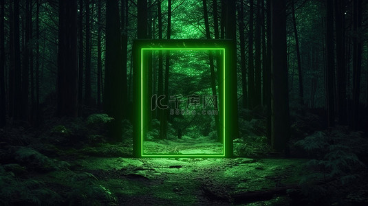 五颜六色的边框背景图片_魔法森林中的辐射霓虹灯边框 3D 渲染，带有文本空间