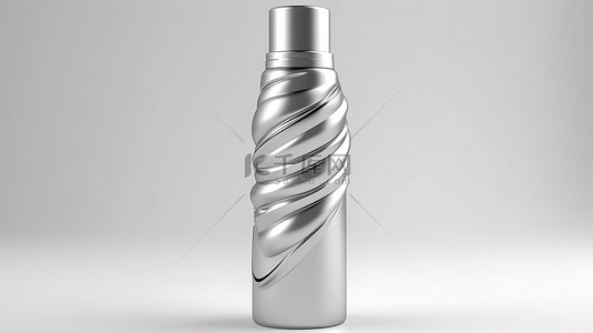 具有银色表面和旋转金属环的化妆品喷雾瓶隔离组合物，用于产品展示 3D 插图
