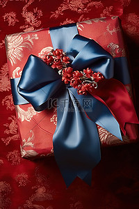 一个大的蓝色和红色蝴蝶结礼物被放置在红色背景上