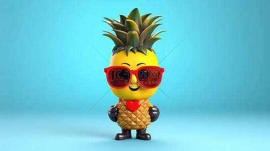 3D 渲染的时髦菠萝吉祥物，黄色背景上有心
