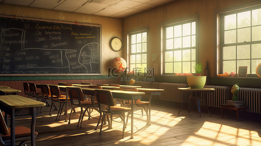 艺术家背景图片_阳光明媚的教室的 3D 渲染，内部有黑板