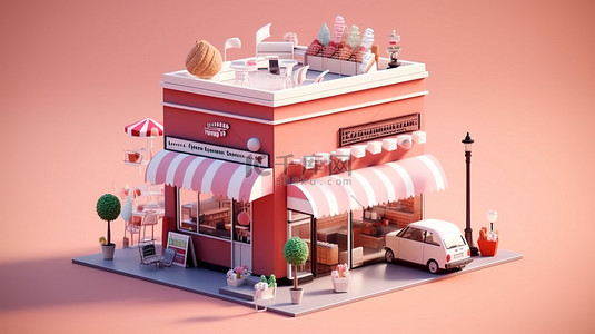 餐厅柜台背景图片_冰淇淋咖啡馆集装箱商店和餐厅的简约外部建筑，采用等距视图，3D 渲染数字艺术品