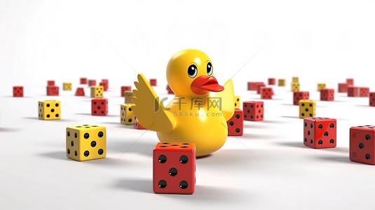 黄色卡通鸭吉祥物在空中翱翔，红色游戏骰子在白色背景上以 3D 渲染