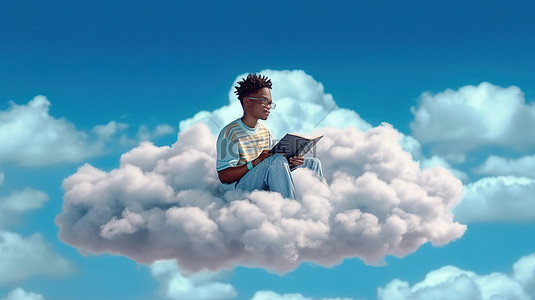 读书背景图片_非洲文学爱好者一位年轻的非洲男子漂浮在天空的云上，全神贯注于一本 3D 描绘的书