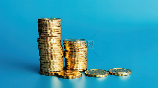 充满活力的蓝色背景上的一堆金币硬币象征着利润和财富 3d 渲染