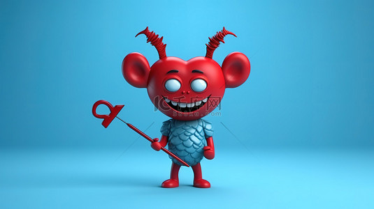 邪恶的爱一个邪恶的魔鬼心的卡通人物，在 3D 渲染中蓝色背景上有干草叉角和尾巴