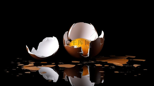 蛋壳背景图片_黑暗背景下破碎的蛋壳 3D 渲染整个鸡蛋和碎片鸡蛋