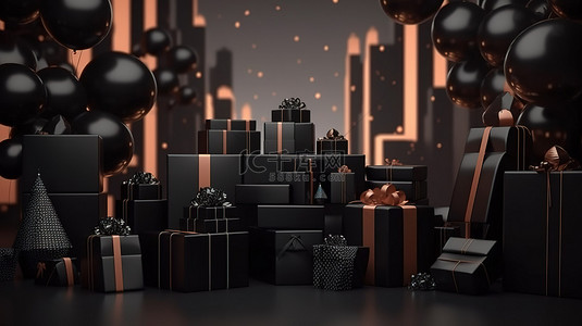 3D 渲染黑色星期五购物盛宴，配有礼品盒和节日欢呼
