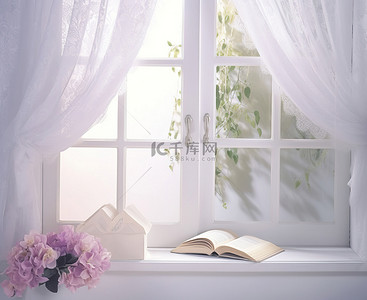 前门有一扇带有窗帘和花卉装饰的窗户