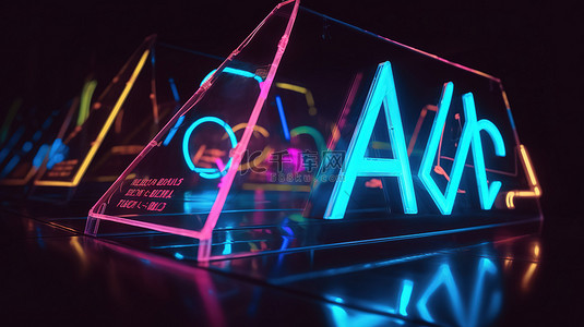 3d 透明玻璃角中的霓虹灯销售标志和几何形状