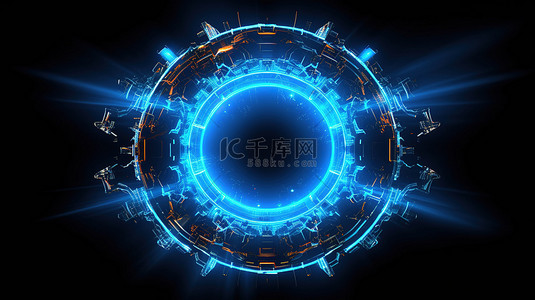 空灵能量环抽象 3D 渲染插图，带有蓝色粒子线中心发光和遮罩圆