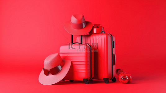 装具装备背景图片_行李相机和帽子在充满活力的背景下的红色 3D 渲染中的旅行装备