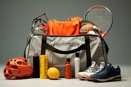 羽毛球背景图片_装满多种运动用品的购物袋