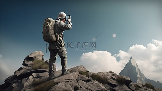 背包旅行背景图片_一位背着背包和智能手机站在山顶的游客的数字插图