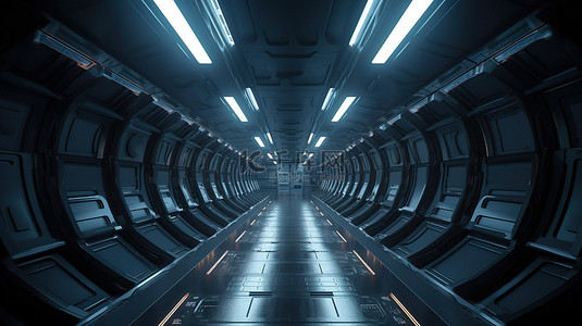 浅蓝科技感背景图片_未来太空时代走廊 3d 渲染科幻环境