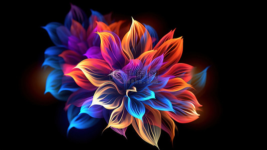辐射霓虹灯绽放令人惊叹的抽象花卉设计，在深色画布上呈现鲜艳的色彩3D 渲染