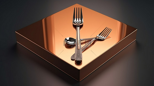金色奢华背景图片_方形讲台上金属铜勺子和叉子的抽象 3D 渲染