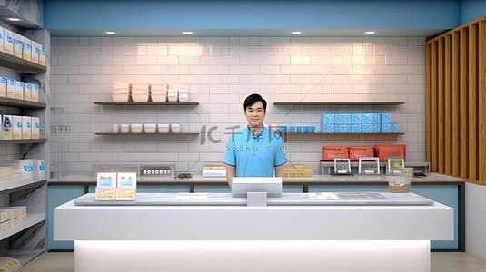 白衣女人背景图片_由亚洲工人操作的 3D 渲染商店收银台
